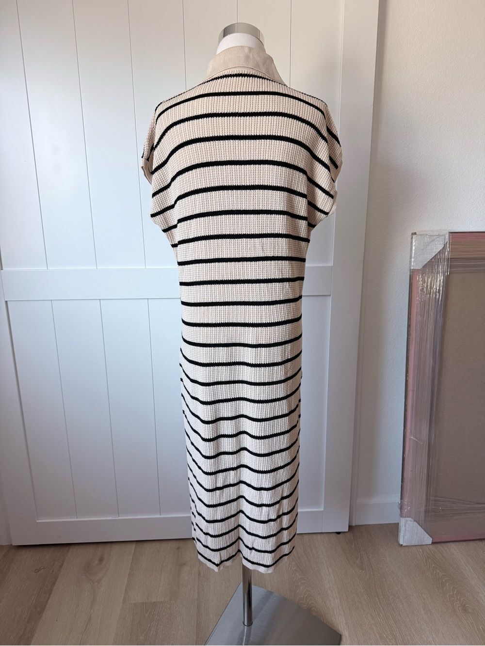 Striped Crochet Knit Polo Midi Dress Sz M Beige Black Slit Beach Summer Preppy - Picture 14 of 14